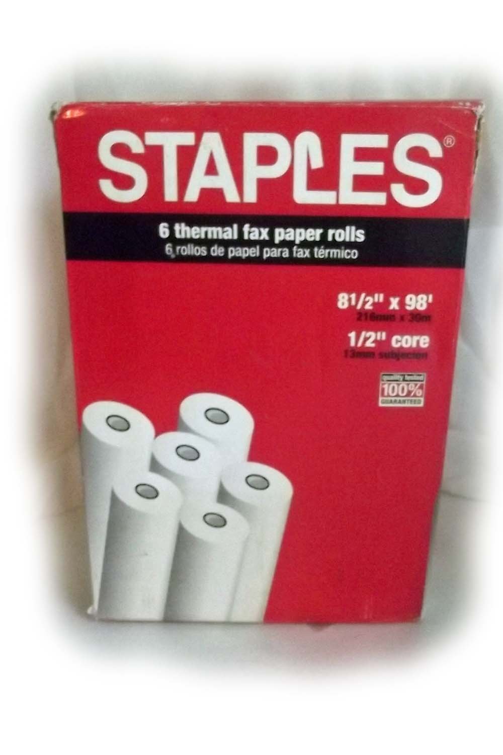 Staples Thermal Fax Paper, 98' Roll X 1/2' Core