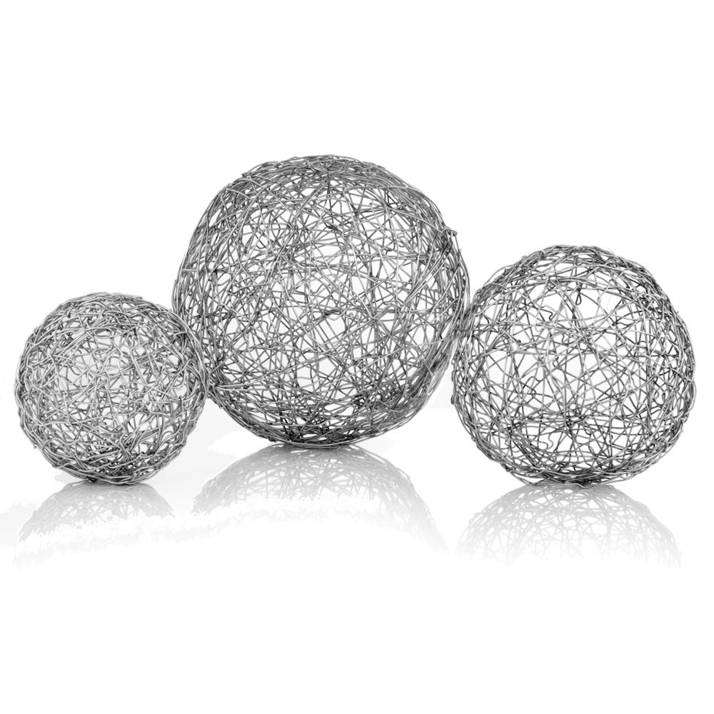 HomeRoots Decor 4-inch x 4-inch x 4-inch Shiny Nickel/Silver Wire - Spheres Box of 3