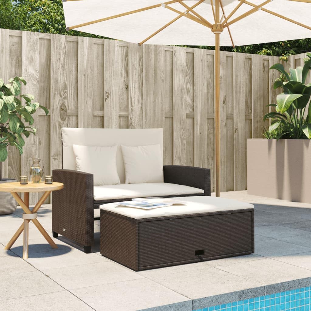 vidaXL Patio Sofa with Cushions - Brown Poly Rattan 2-Seater Outdoor Bench/Bed with Storage and Footstool