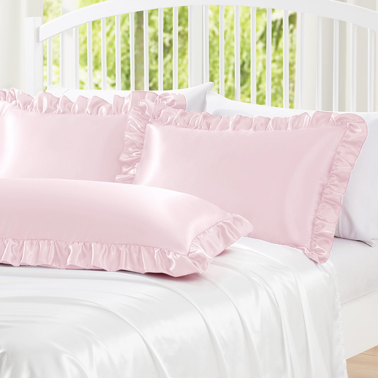 Homiest Ruffle Satin Body Pillow Cover, Silky Satin Body Pillowcase With Envelope Closure, Luxury & Ultra Soft Body Size Pillow