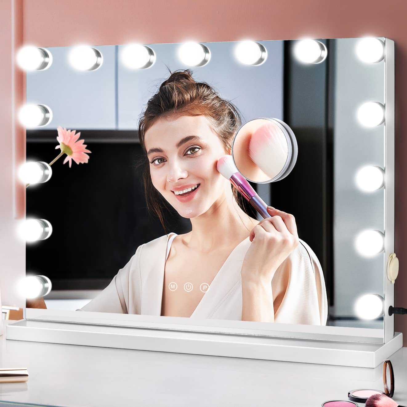 M Mivonda Hollywood Vanity Mirror With Dimmable 15Led Bulbs Lights 3 Lighting Modes 2In1 Large Lighted Makeup Mirror For Desk An