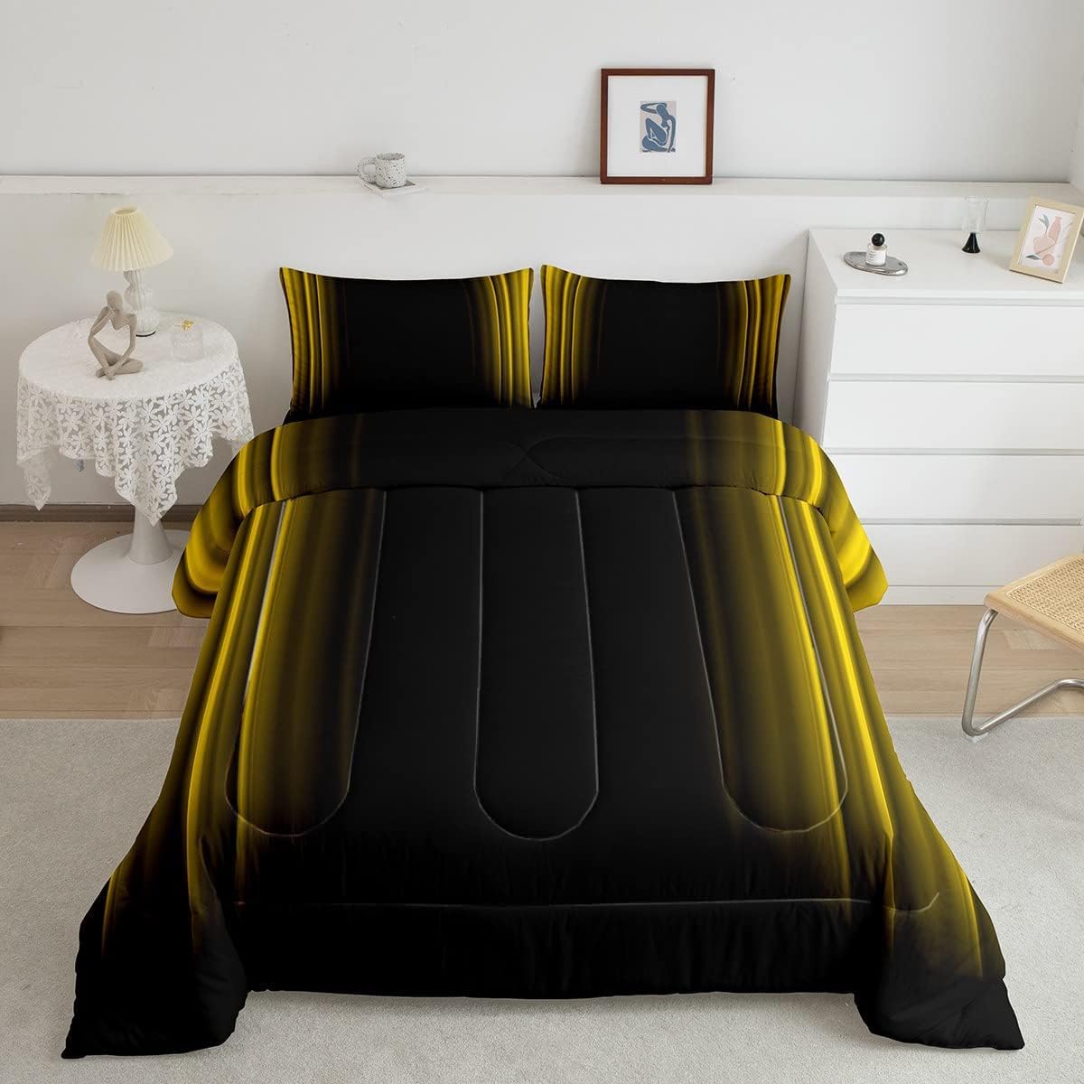 Geometric Abstract Ombre Bedding Bed Set Men Adults Teens Yellow Black Striped Comforter Set Kids Boys Girls Simple Modern Comfo