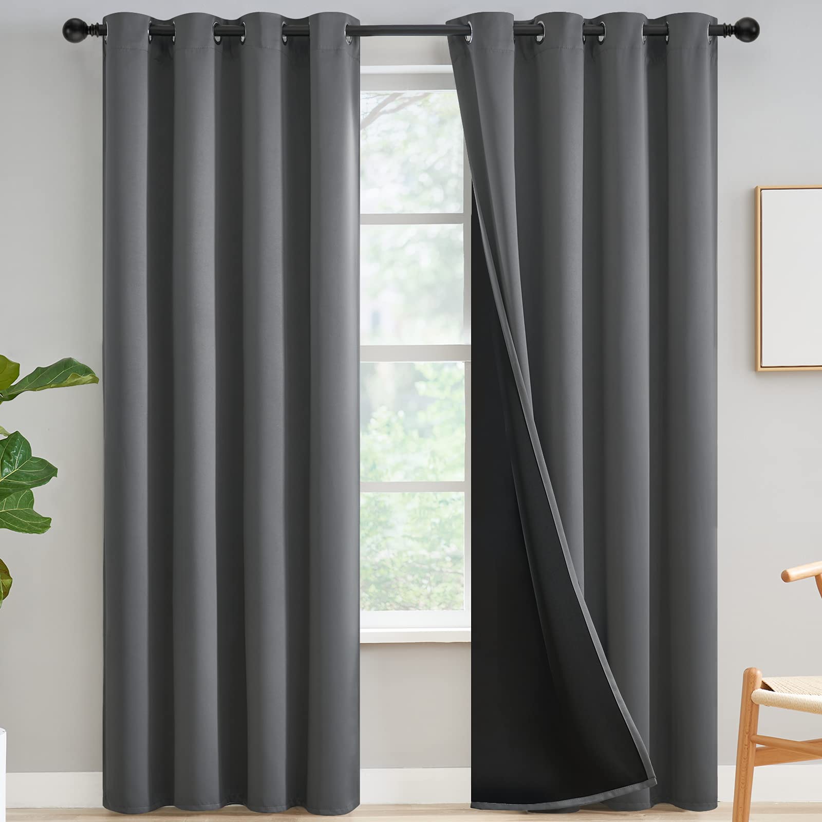 Yakamok 100% Blackout Curtains For Bedroom 84 Inch Length, Grey Full Light Blocking Drapes With Black Backing, Noise Reducing Th