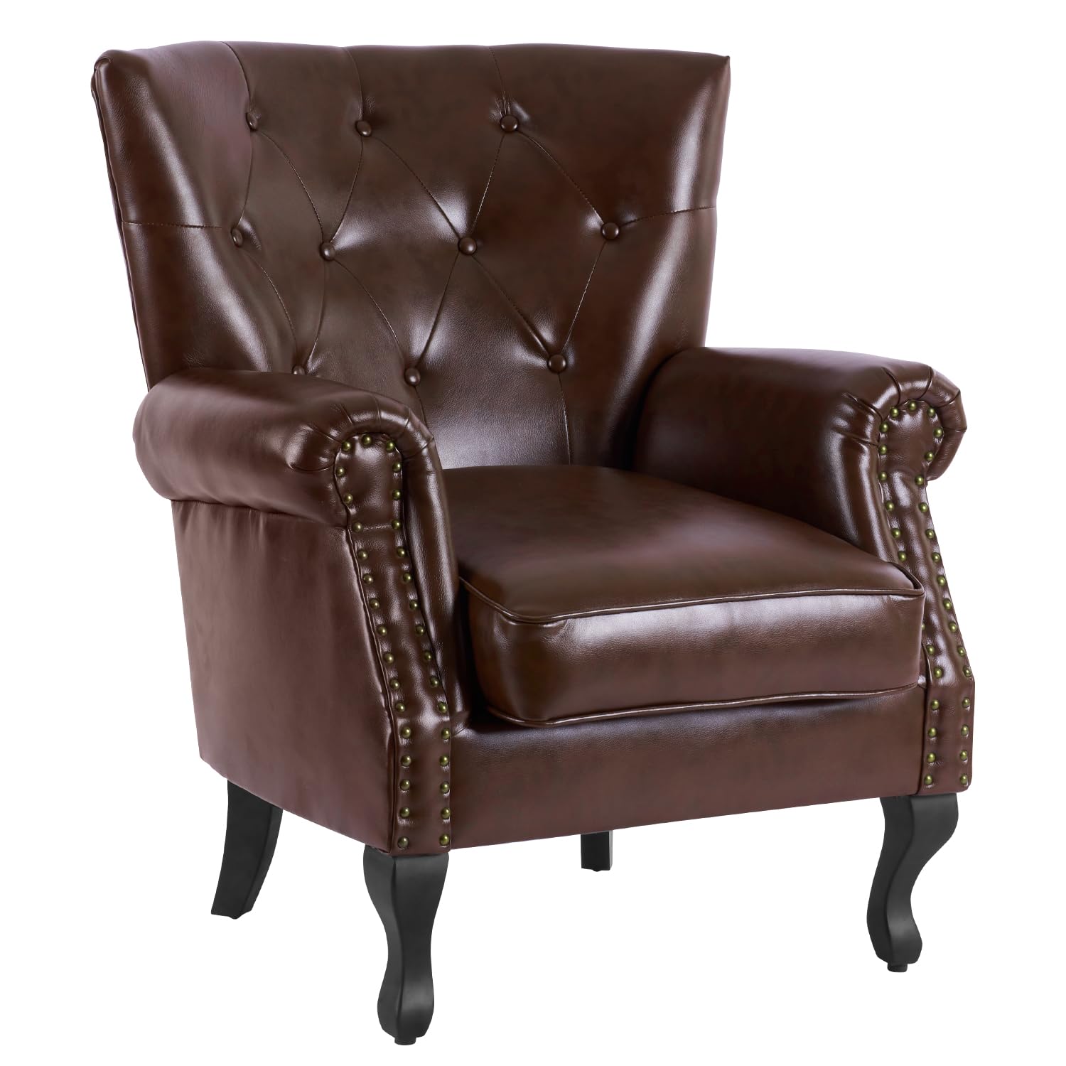 Mojay Pu Leather Accent Chair, Mid-Century Modern Armchair Living Room Club Chair With Tufted Button & Rivet Trim, Upholstered S