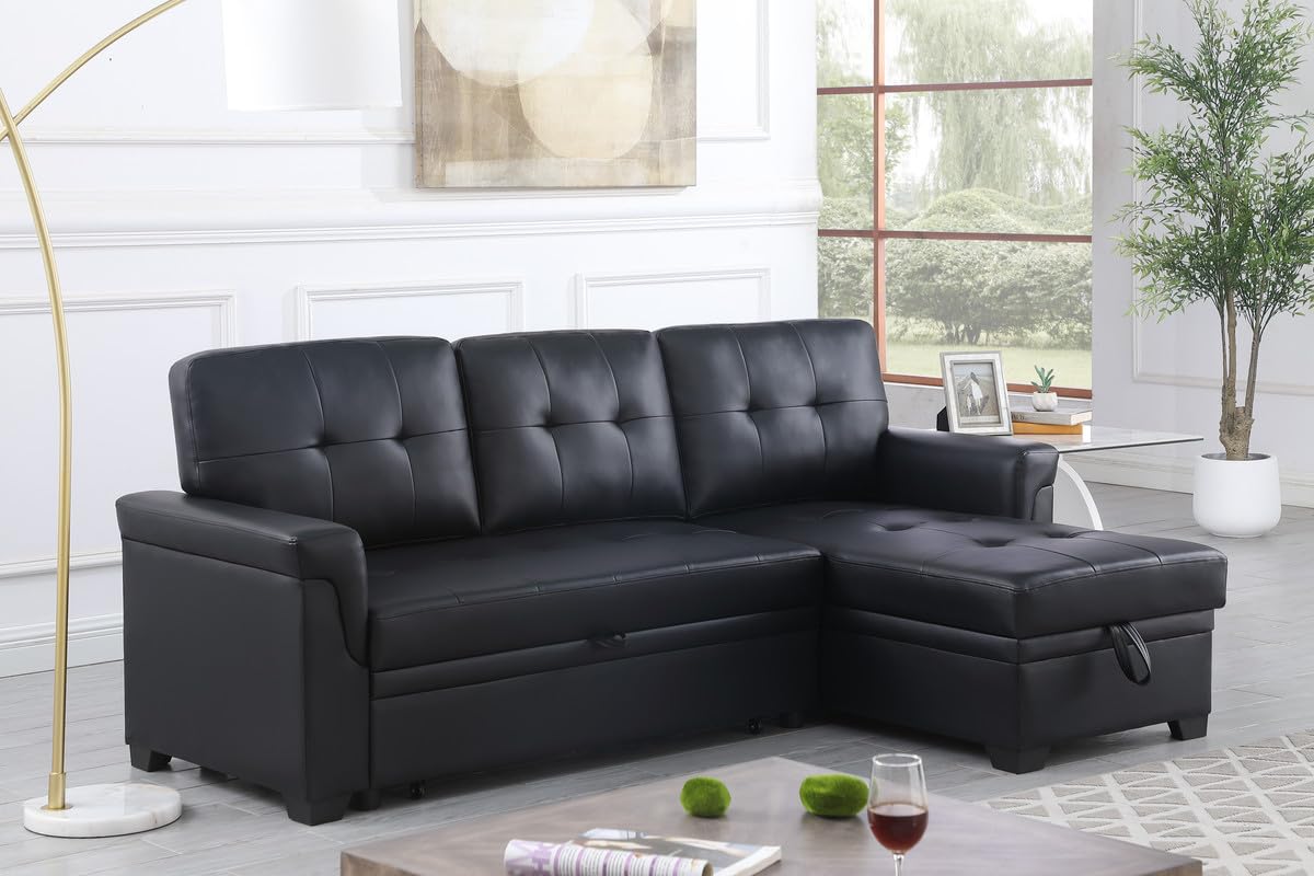 Lilola Home Lucca 83.5&quot; W Black Vegan Leather Modern Reversible Sleeper Sectional Sofa with Storage Chaise