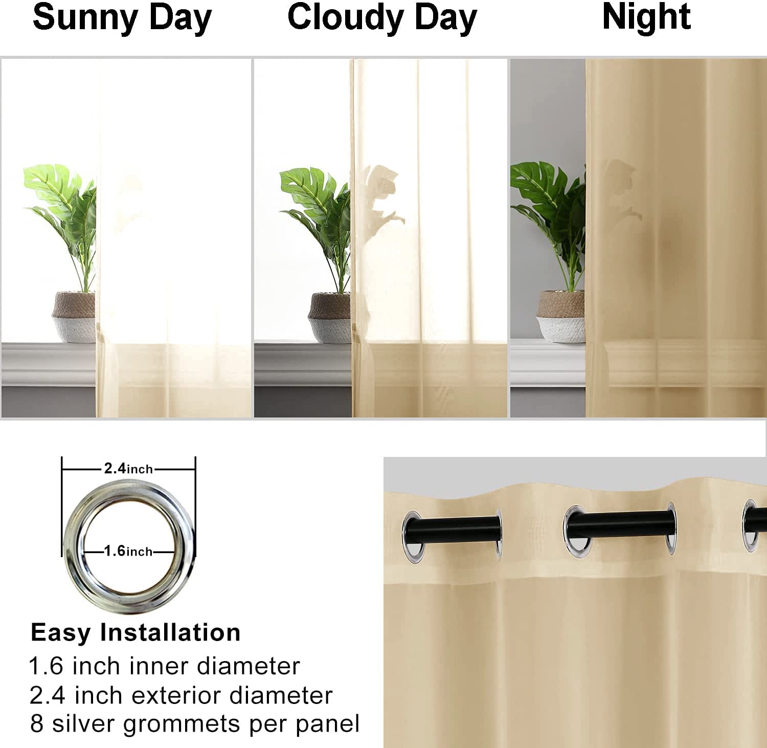 Hiasan Sheer Curtains 84 Inches Long With Tiebacks, Light Filtering Voile Textured Drape Lightweight Grommet Window Curtains For Bedroom, Living Room, Office, Taupe, W52 X L84, Set Of 2 Soft Panels