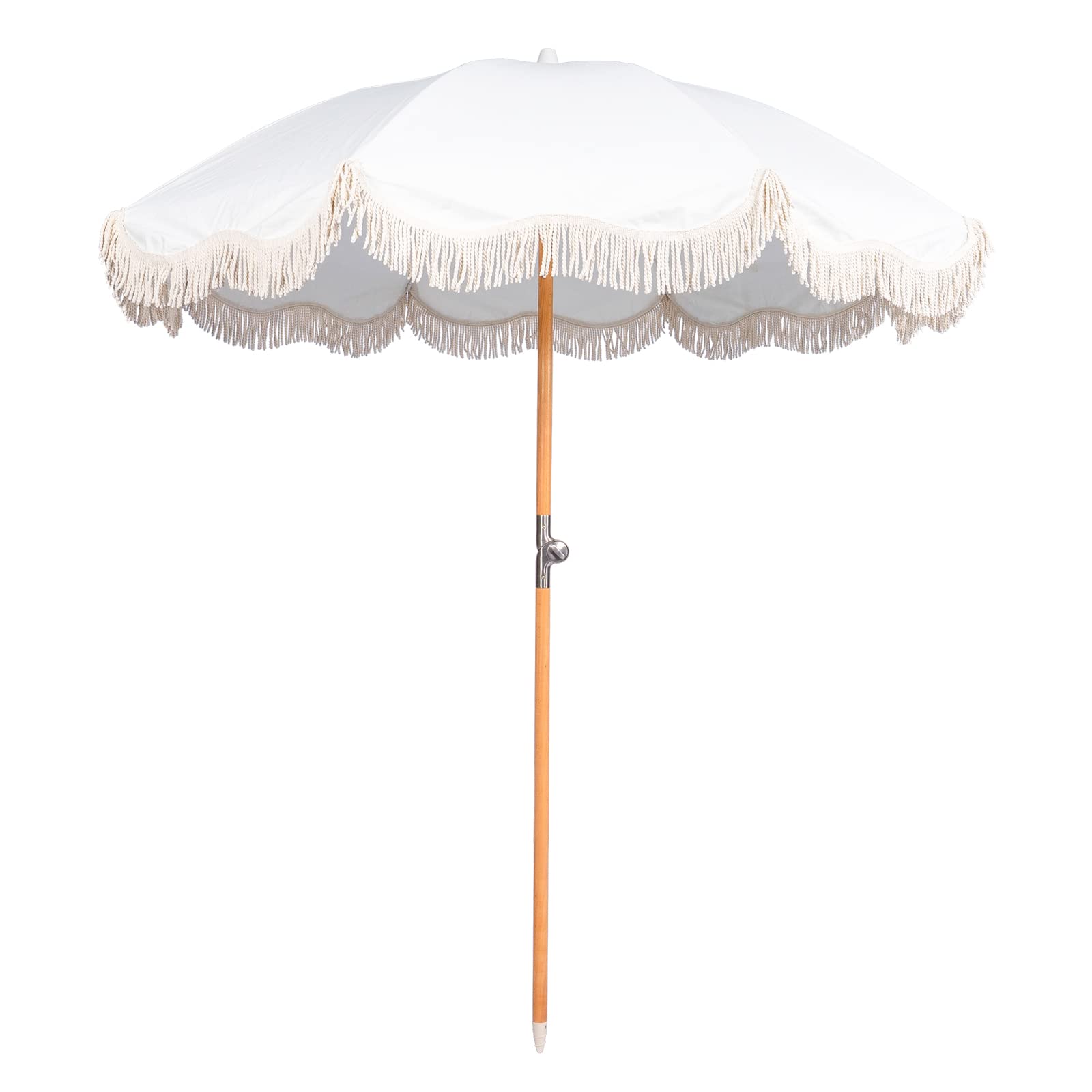 Funsite 6.5Ft Boho Beach Umbrella With Fringe, Upf 50+ Tassel Umbrellas With Carry Bag, Premium Wood Pole Foldable Patio Umbrell