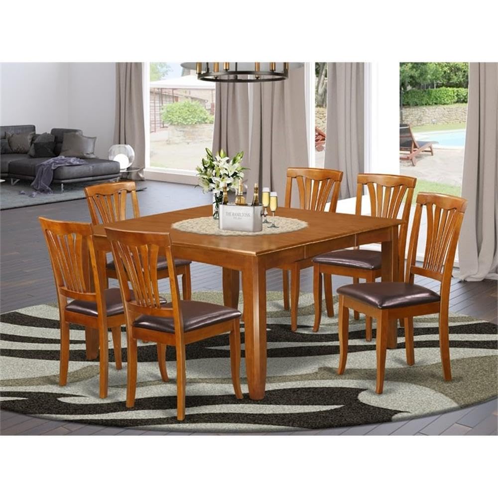 East West Furniture PFAV7-SBR-LC 7 Piece Dining Table Set Consist of a Square Dining Room Table with Butterfly Leaf and 6 Faux Leather Upholstered Chairs, 54x54 Inch, Saddle Brown