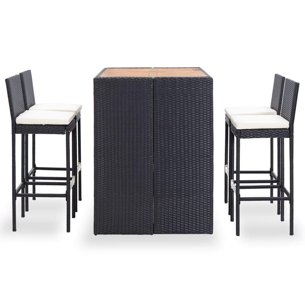 vidaXL 5-Piece Patio Bar Set- Poly Rattan and Acacia Wood Construction, Black - Complete Outdoor Entertainment with Vintage-Styled Table, Elegant Chairs, Cushioned Seats