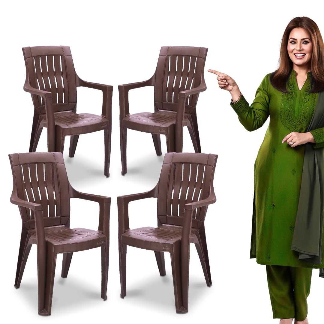 Maharaja Heavy Duty Plastic Chairs For Home & Office | 200Kg Capacity, Arm Rest  Brown, Pack Of 4