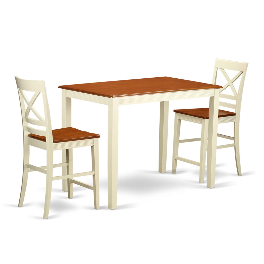 East West Furniture YAQU3-WHI-W 3 Piece Kitchen Counter Height Dining Table Set Contains a Rectangle Pub Table and 2 Dining Room Chairs, 30x48 Inch, Buttermilk & Cherry