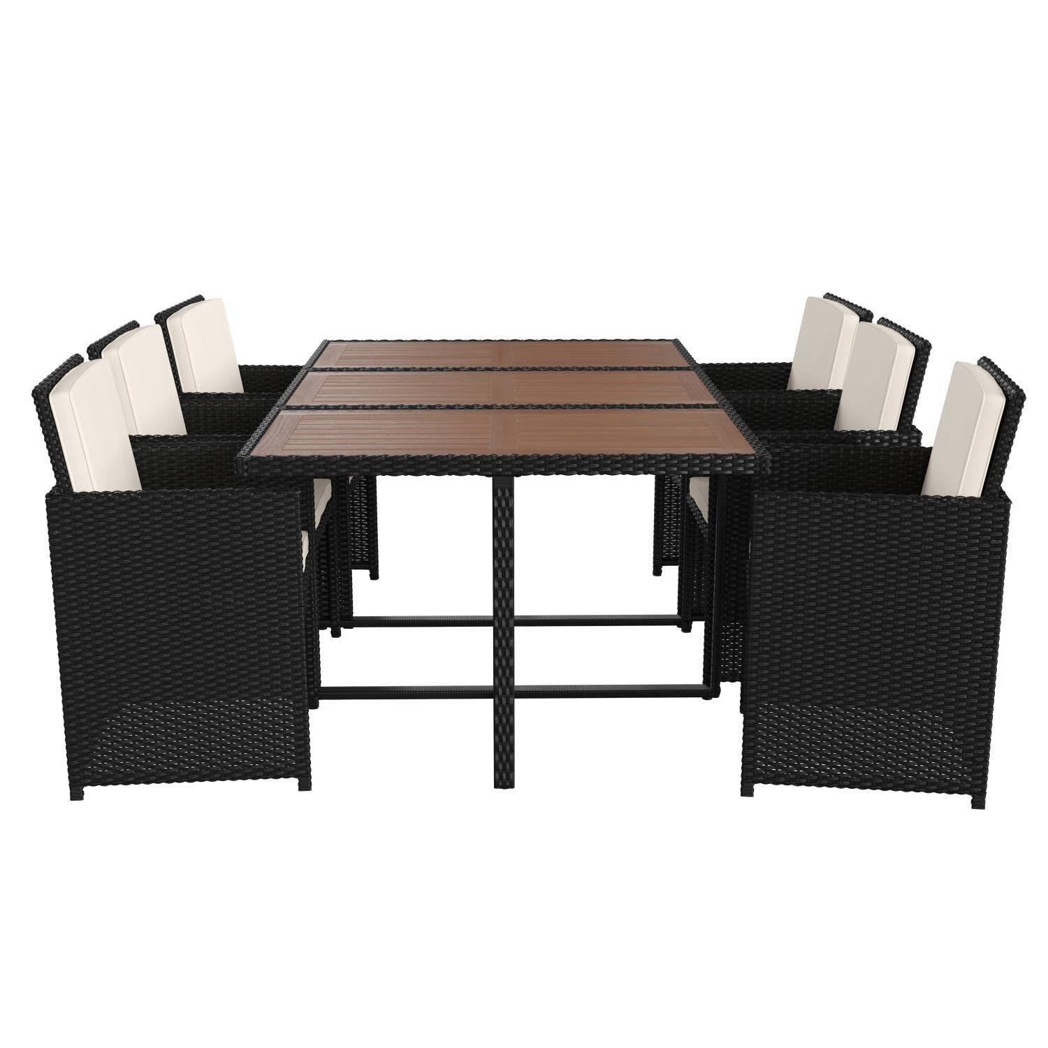 Flash Furniture Peregrine 7 Piece Outdoor Patio Dining Set - Space Saving Black Wicker Modular Chairs & Cream Cushions-Natural Finish Acacia Wood Table-Seating For 6
