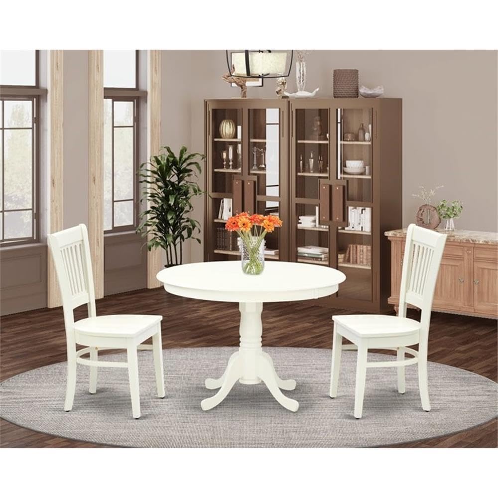 East West Furniture Hlva3-Lwh-W 3 Piece Dining Room Furniture Set Contains A Round Kitchen Table With Pedestal And 2 Dining Chairs, 42X42 Inch, Linen White