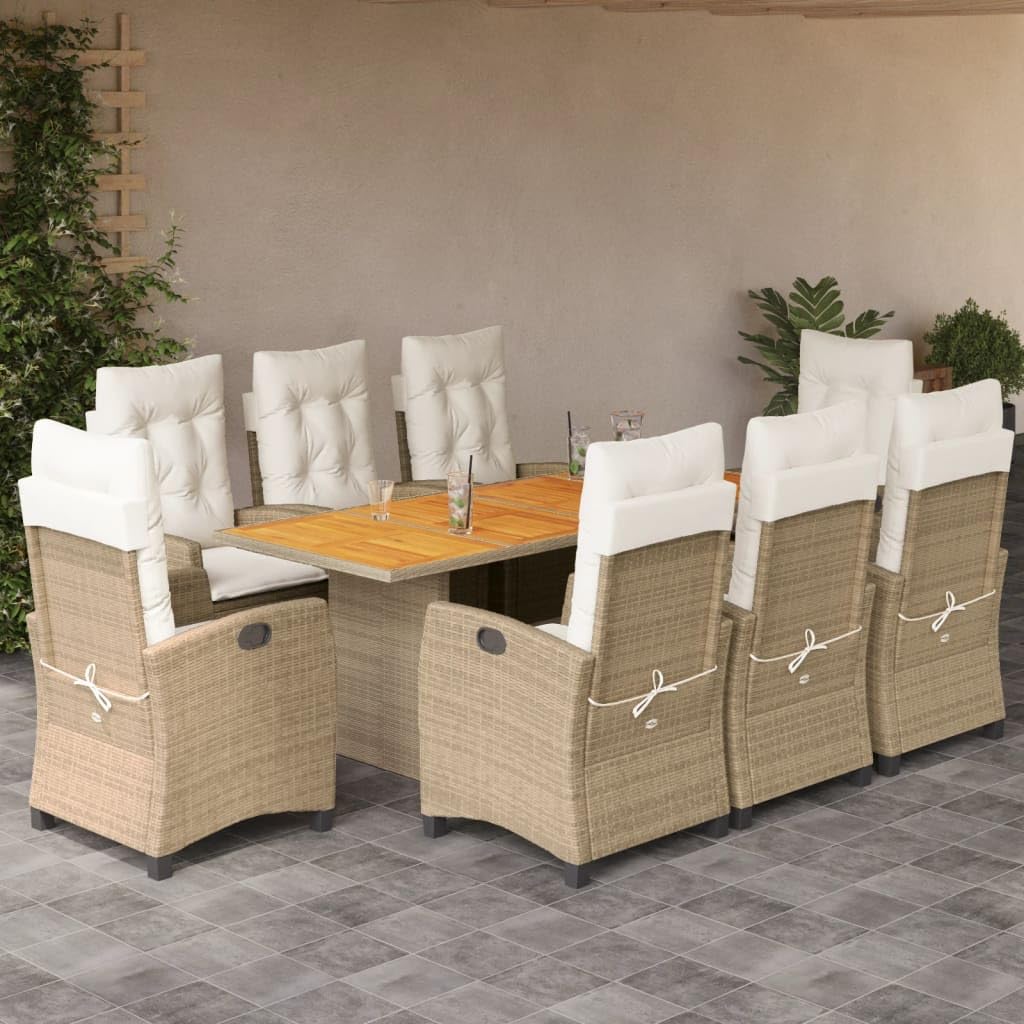 vidaXL 7-Piece Patio Dining Set - Beige Poly Rattan with Cushions - Rectangular Acacia Wood Table, Adjustable Reclining Chairs for Garden, Backyard, or Patio