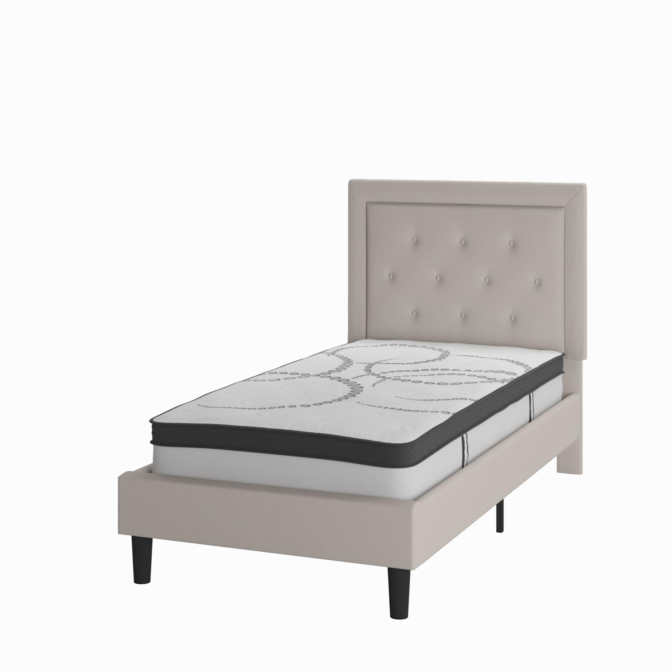 Flash Furniture Roxbury Twin Size Tufted Upholstered Platform Bed In Beige Fabric With 10 Inch Certipur-Us Certified Pocket Spring Mattress
