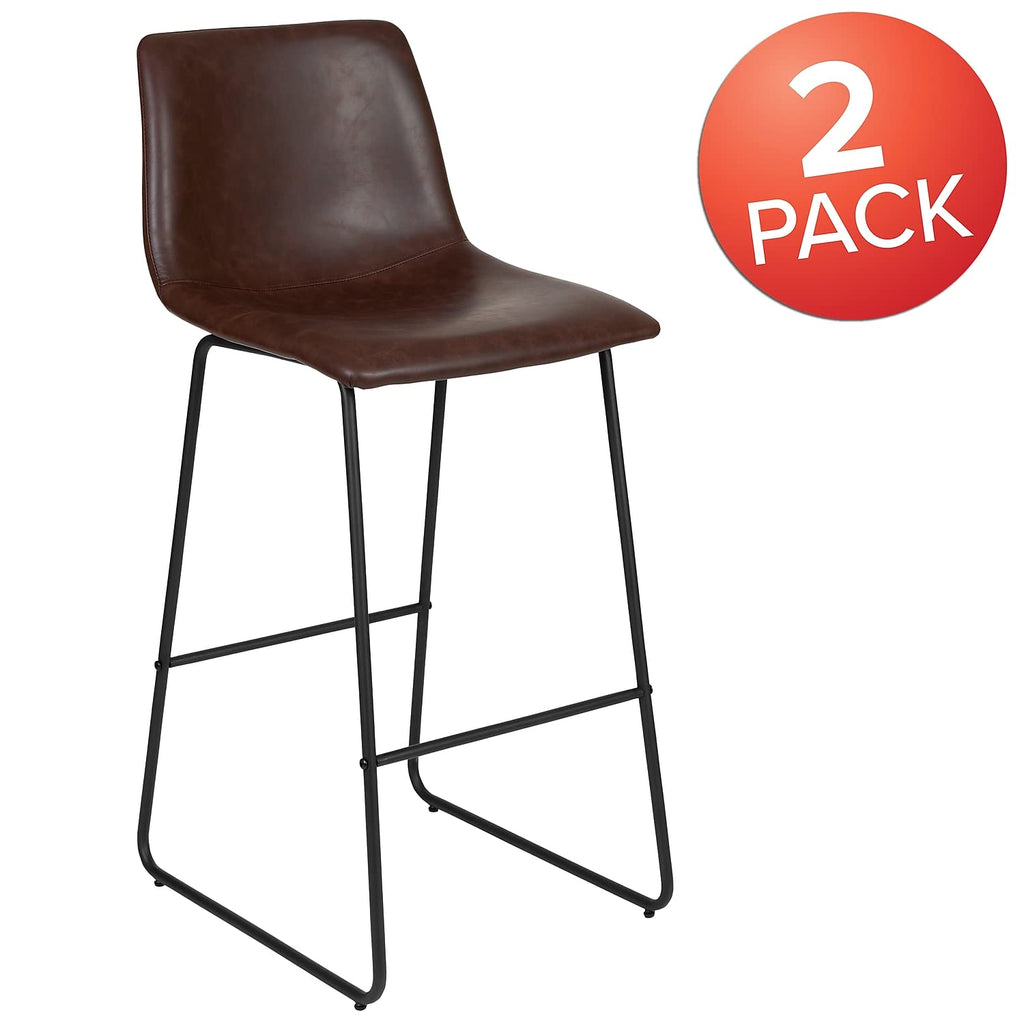 Flash Furniture Reagan 30" Leathersoft Barstools With Footrest, Mid-Century Modern Bucket Style Bar Height Stools, Set Of 2, Dark Brown