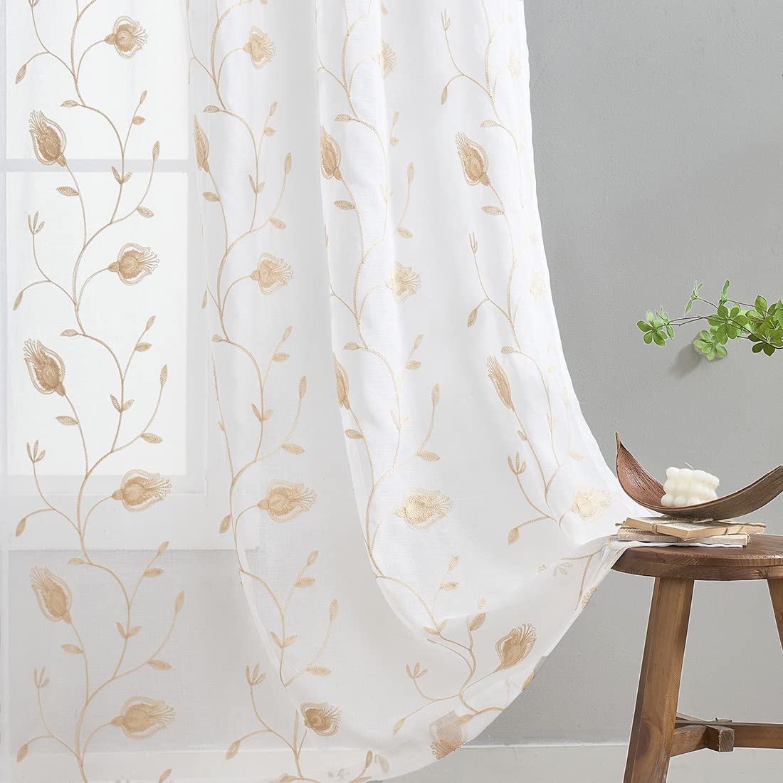 Floral Embroidery Beige Sheer Curtains 84 Inches Long, Rod Pocket Sheer Drapes for Living room, Bedroom, 2 Panels, 52''x 84'', S
