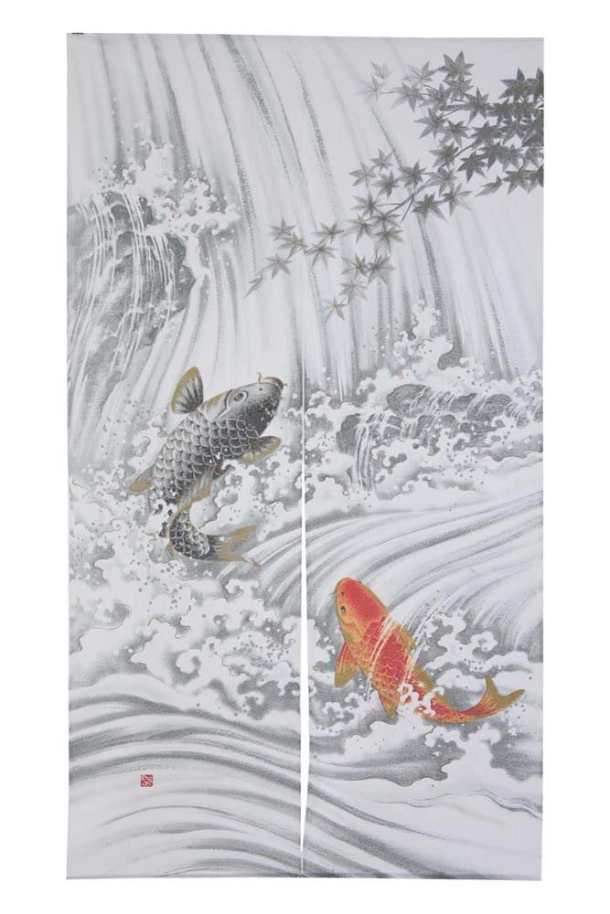 Made in Japan Noren Curtain Tapestry Carp Swimming Up a Waterfall
