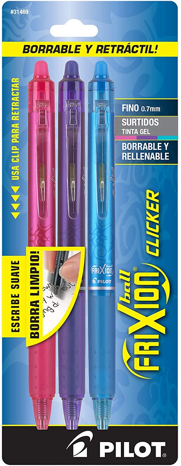 Pilot Frixion Clicker Erasable, Refillable & Retractable Gel Ink Pens, Fine Point, Pink/Purple/Turquoise Inks, 3-Pack (31469)