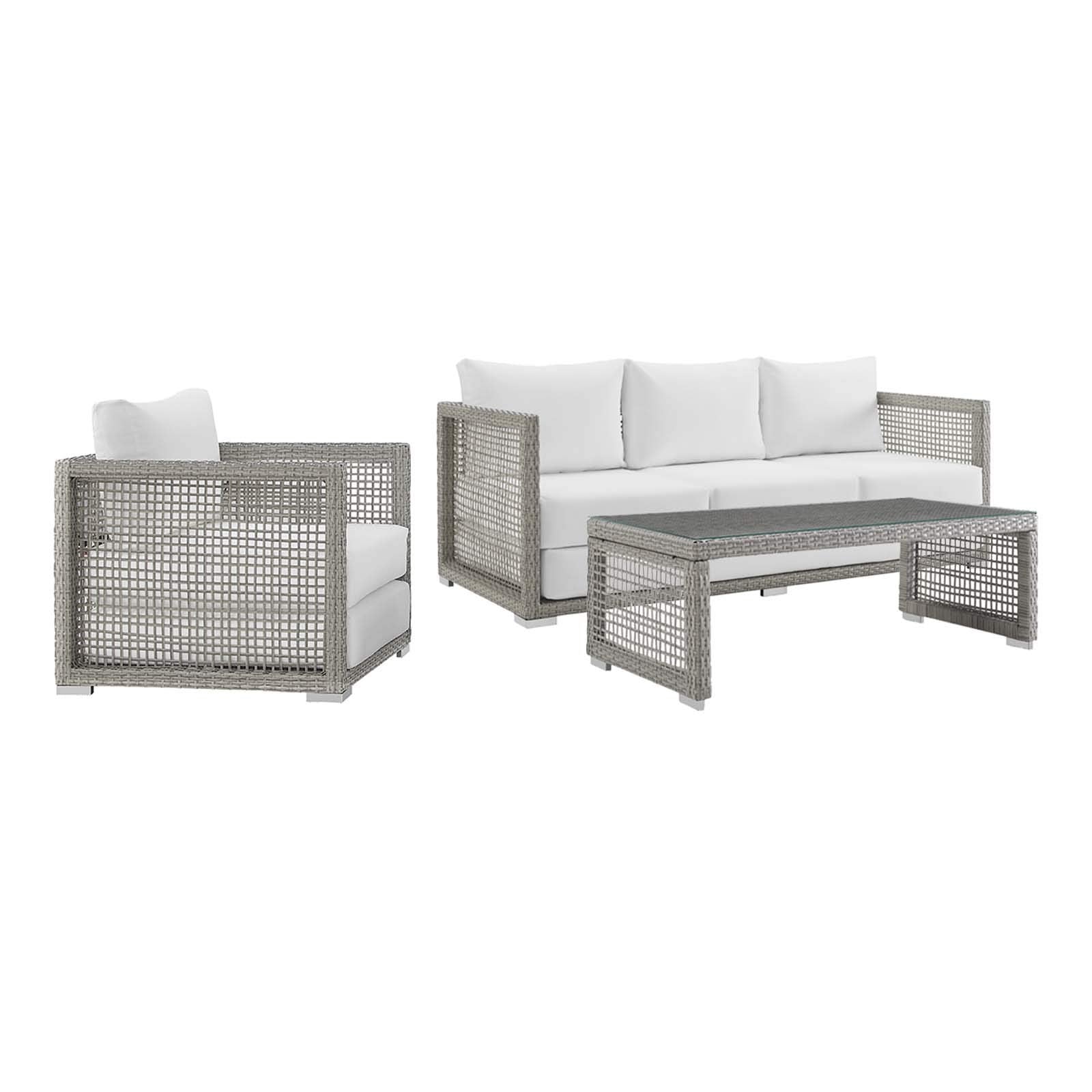 Modway Aura Outdoor Patio Wicker Rattan Sofa, Armchair And Coffee Table In Gray White