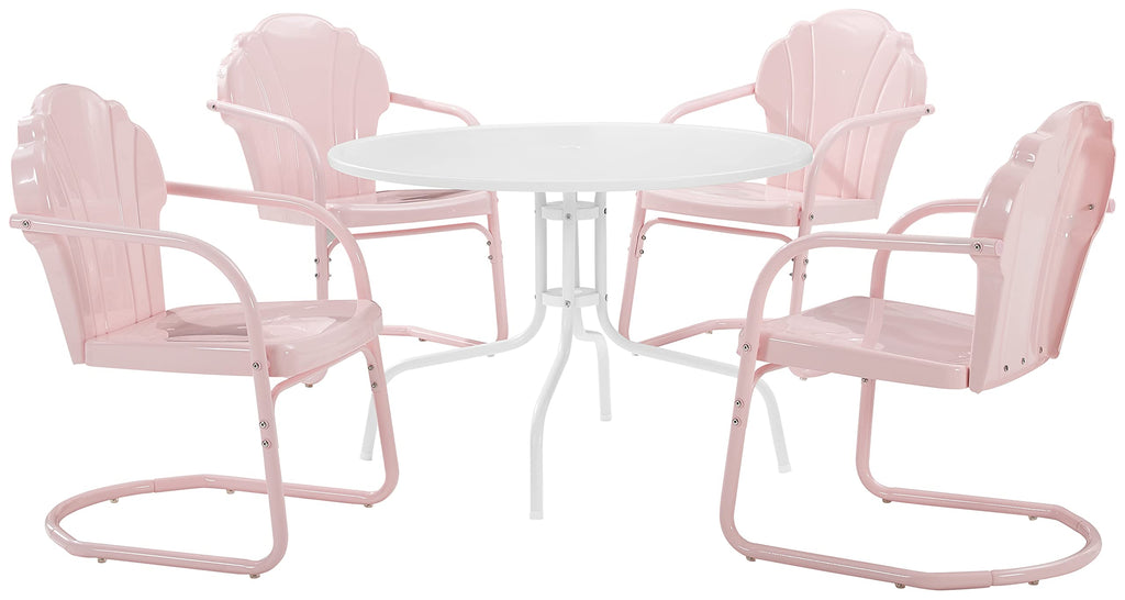 Crosley Furniture Tulip 5-Piece Outdoor Dining Set For 4, Retro Metal Round Patio Table And Chairs For Deck, Pastel Pink Gloss