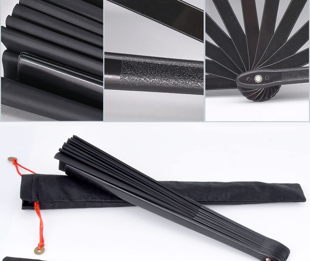 Folding Fan Black-Large Hand Fan Chinese Kung Fu Tai Chi Plastic-Nylon Hand Held Folding Fans For Men/Women With A Fabric Case F