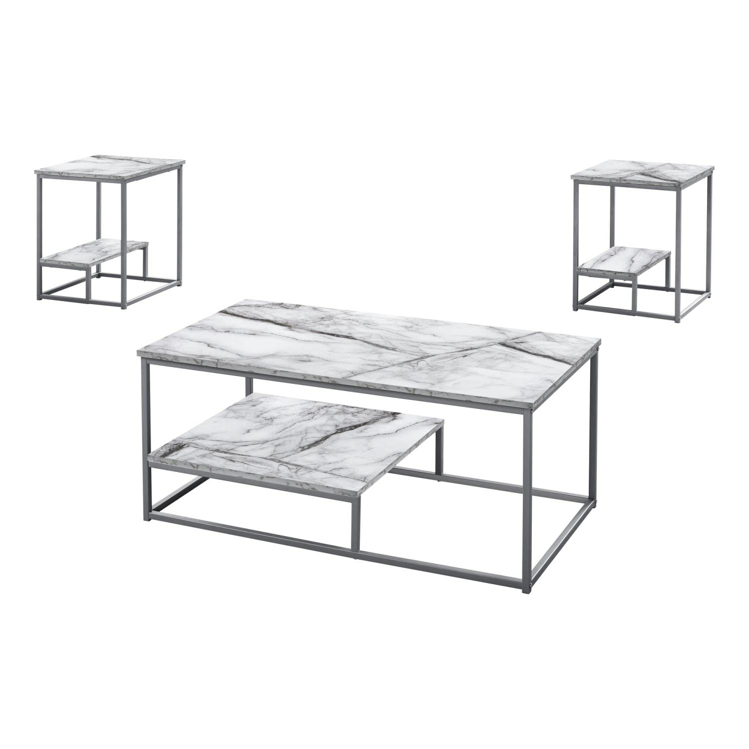 Monarch Specialties I 7963P Table Set, 3pcs Set, Coffee, End, Side, Accent, Living Room, Metal, Laminate, White Marble Look, Grey, Contemporary, Modern