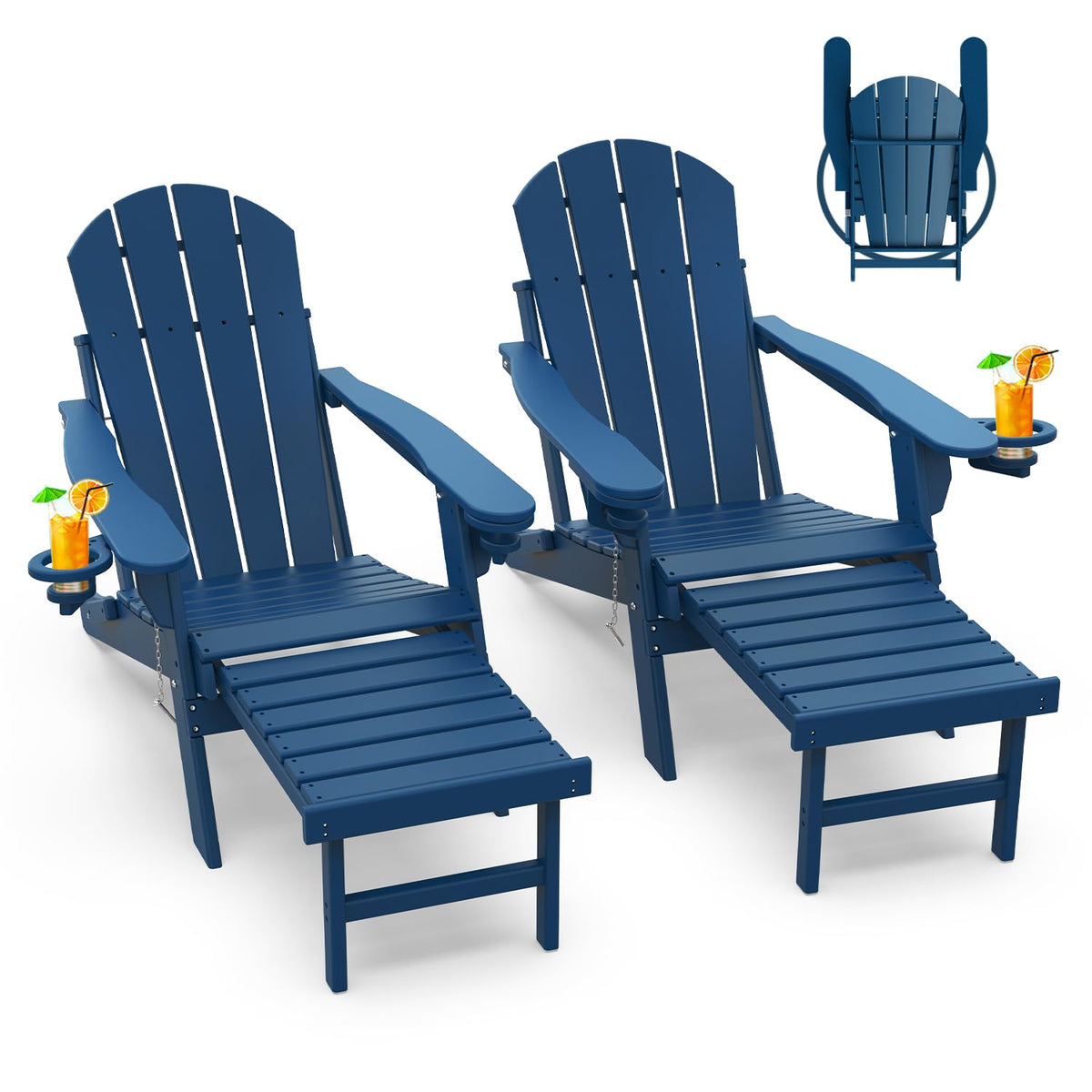 Greenvines Adirondack-Chairs-With-Ottoman | Set Of 2 | Folding | Retractable-Footrest | Hdpe Plastic | All Weather Fire Pit Chair | Cup Holders | Blue | For Outdoor Poolside