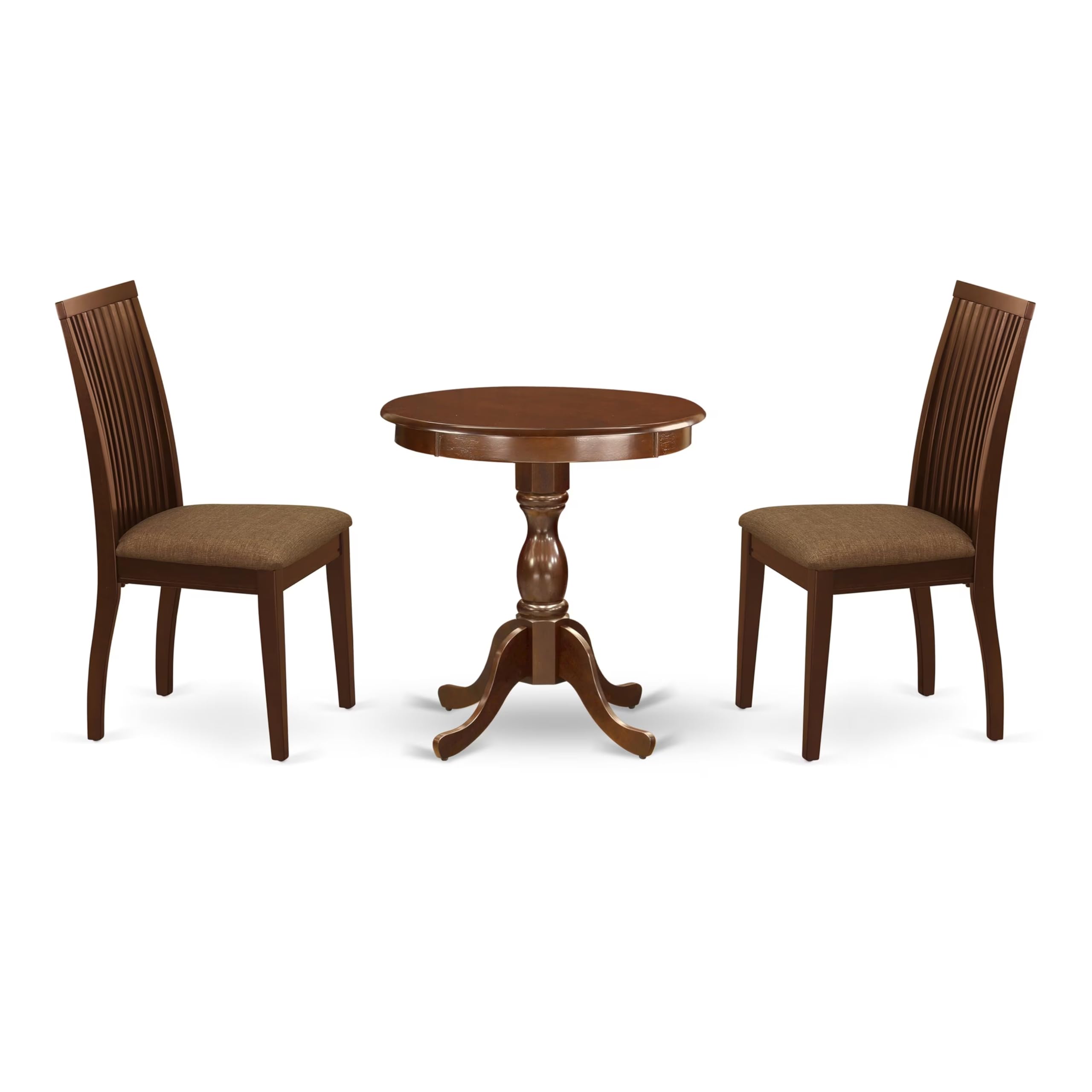 East West Furniture Esip3-Mah-C 3 Piece Modern Dining Table Set Contains A Round Wooden Table With Pedestal And 2 Linen Fabric Upholstered Dining Chairs, 30X30 Inch, Mahogany