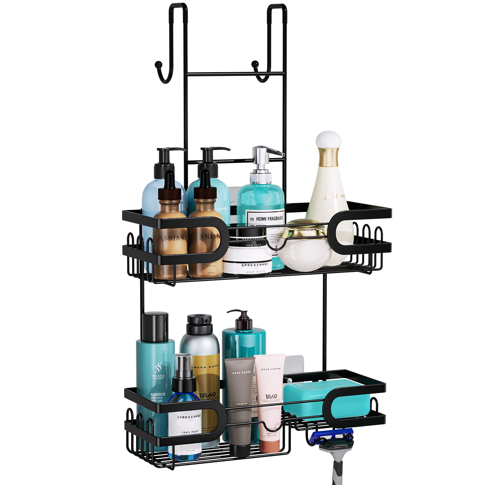 HapiRm Hanging Shower Caddy Over the Door with 14 Hooks and Soap Holder, No Drilling Adhesive Shower Storage, Rustproof & Waterp