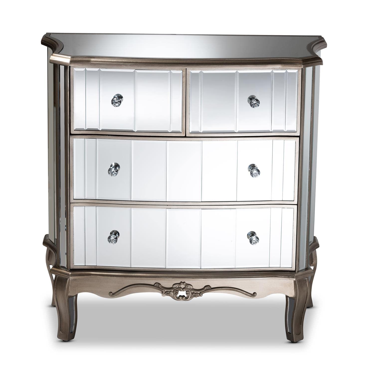 Baxton Studio Elgin Contemporary Glam and Luxe Brushed Silver Finished Wood and Mirrored Glass 4-Drawer Cabinet