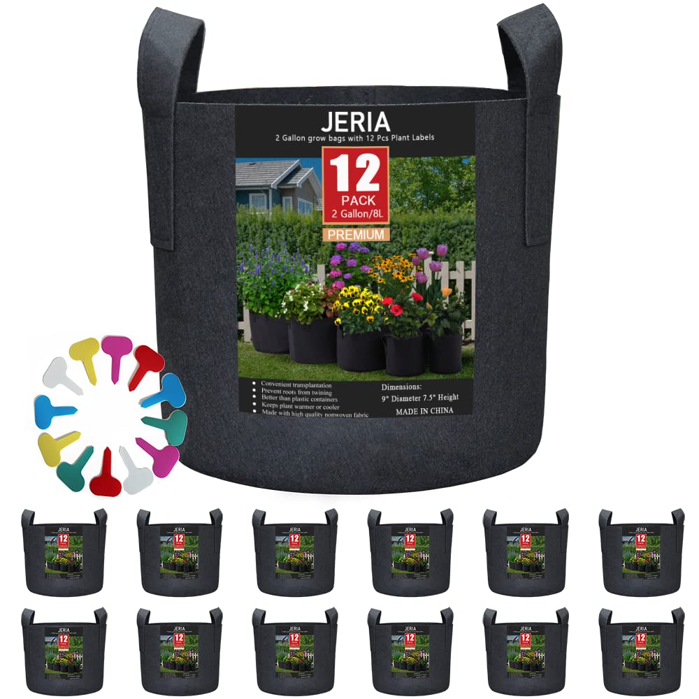 Jeria 12-Pack 2 Gallon, Vegetable/Flower/Plant Grow Bags, Aeration Fabric Pots With Handles (Black), Come With 12 Pcs Plant Labe