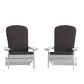 Set of 2Folding Adirondack Chairs in White with Gray Cushions, Porch, and Patio