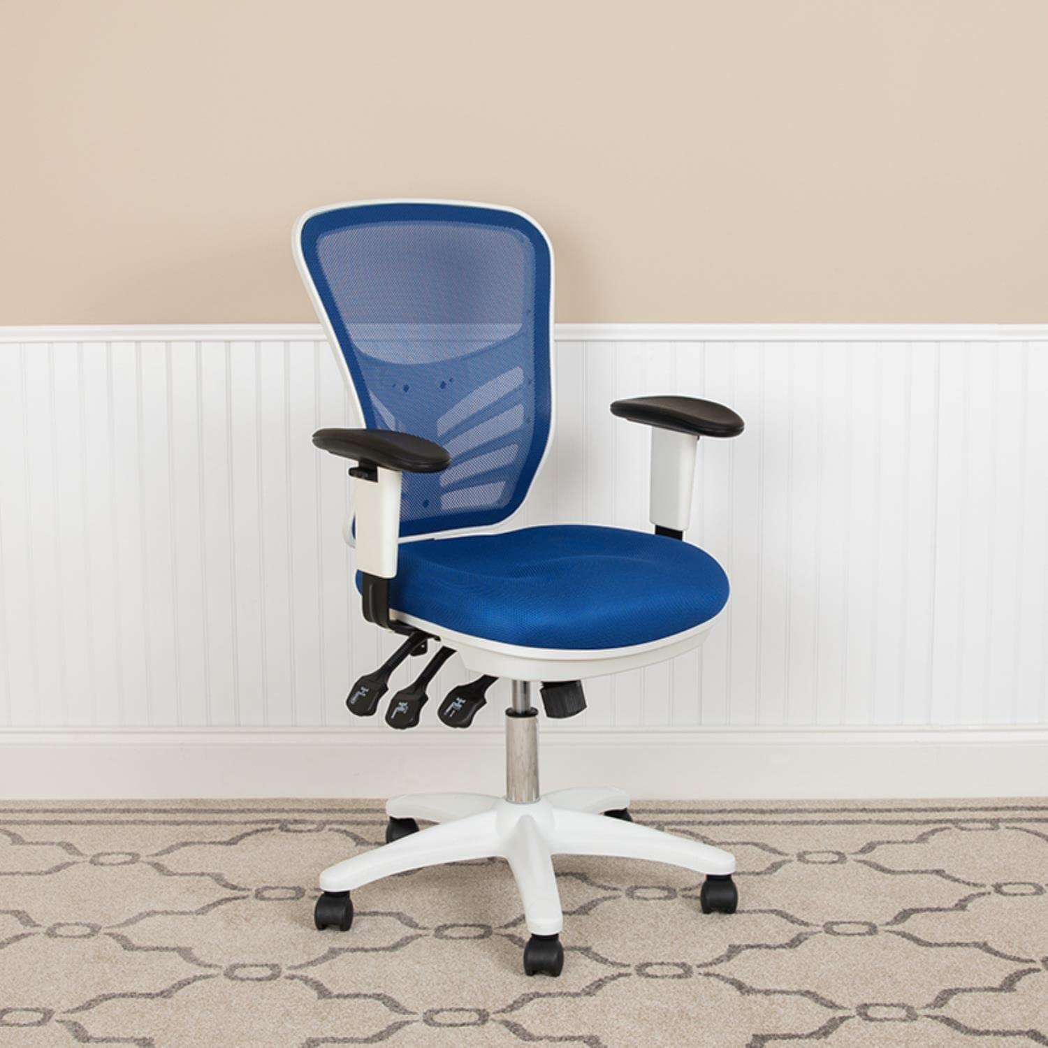 Flash Furniture Nicholas Mid-Back Blue Mesh Multifunction Executive Swivel Ergonomic Office Chair With Adjustable Arms And White Frame