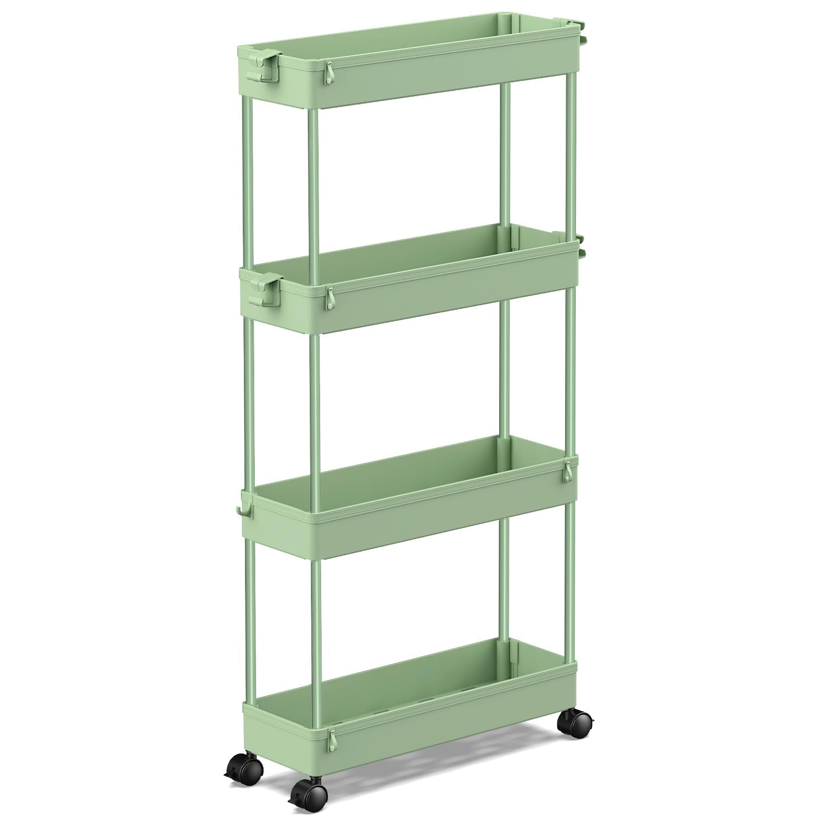 Spacekeeper Slim Rolling Storage Cart 4 Tier Bathroom Organizer Utility Cart Mobile Shelving Unit Tower Rack For Kitchen, Laundry Room, Bathroom, Narrow Places, Green