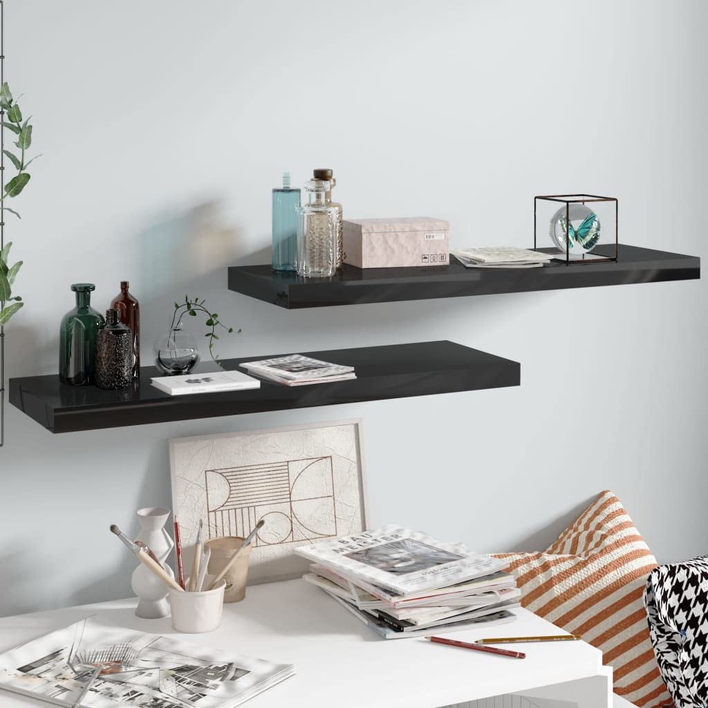 vidaXL Set of 2 Floating Wall Shelves - High Gloss Black Finished, Honeycomb MDF Metal Frame, Invisible Mounting, 31.5&quot;x9.3&quot;x1.5&quot;, Modern Home Decor