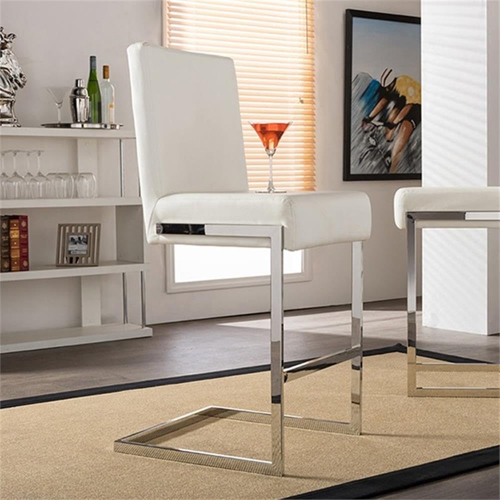 Baxton Studio Toulan Modern and Barstool White Faux Leather Upholstered Stainless Steel Barstool