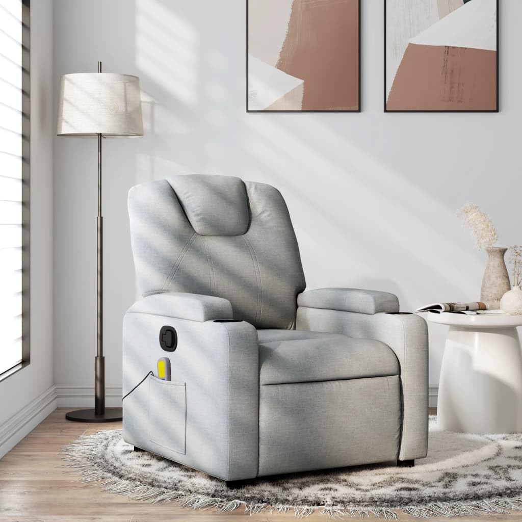 vidaXL Light Gray Recliner Chair - Massage Lounge with Manual & USB Vibration - Cup Holders & Side Pocket