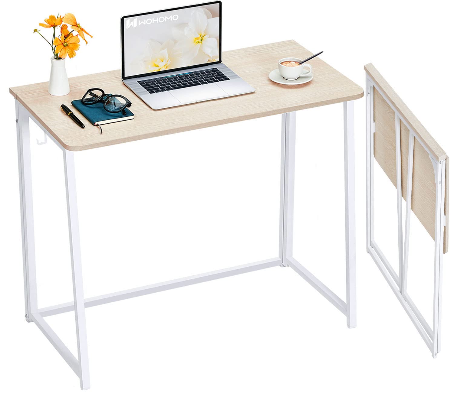 Wohomo Folding Desk, Small Foldable Desk 39.4' For Small Spaces, Space Saving Computer Table Writing Workstation For Home Office, Easy Assembly, Oak