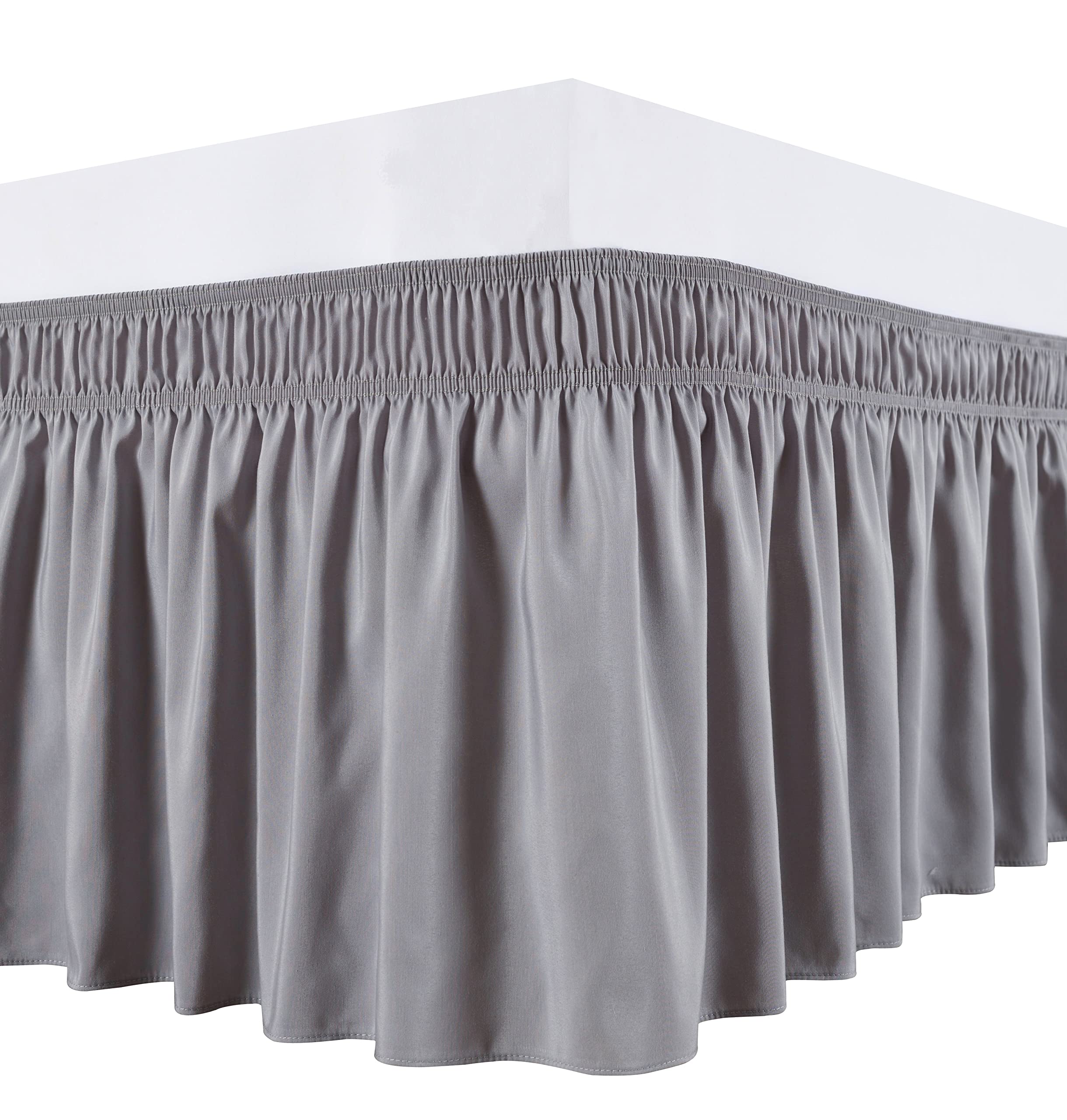 Biscaynebay Wrap Around Bed Skirts For Queen Beds 16' Drop, Silver Grey Adjustable Elastic Dust Ruffles Easy Fit Wrinkle & Fade