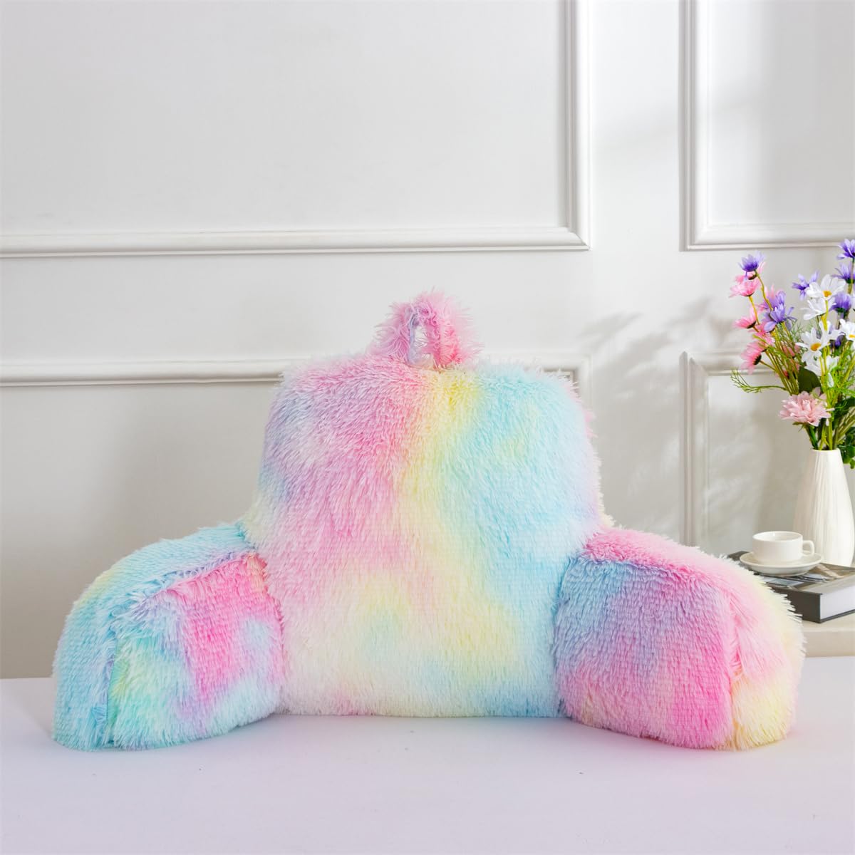 Holawakaka Standard Faux Fur Bed Rest Pillow With Arms, Tie Dye Reading Pillows Perfect For Kids, Teens, Arm, Back, Petites, Gir