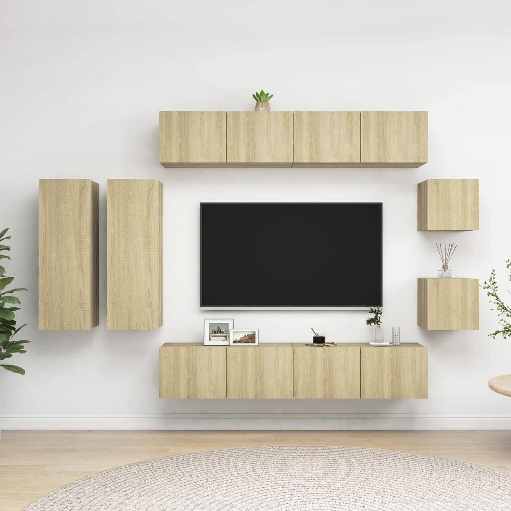 vidaXL TV Cabinet Set 8 Piece Living Room Bedroom Furniture HiFi Stereo Cabinet TV Stand Media Unit Entertainment Center Engineered Wood Sonoma Oak