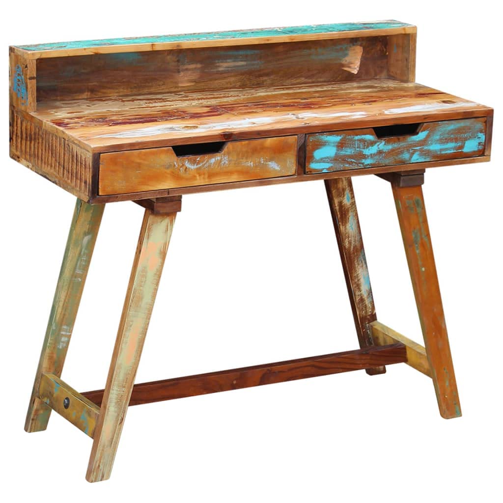 vidaXL Solid Reclaimed Wood Desk - Handcrafted Vintage-Style Wooden Desk with Two Drawers, Multicolored Surface, Ideal for Home or Office Use
