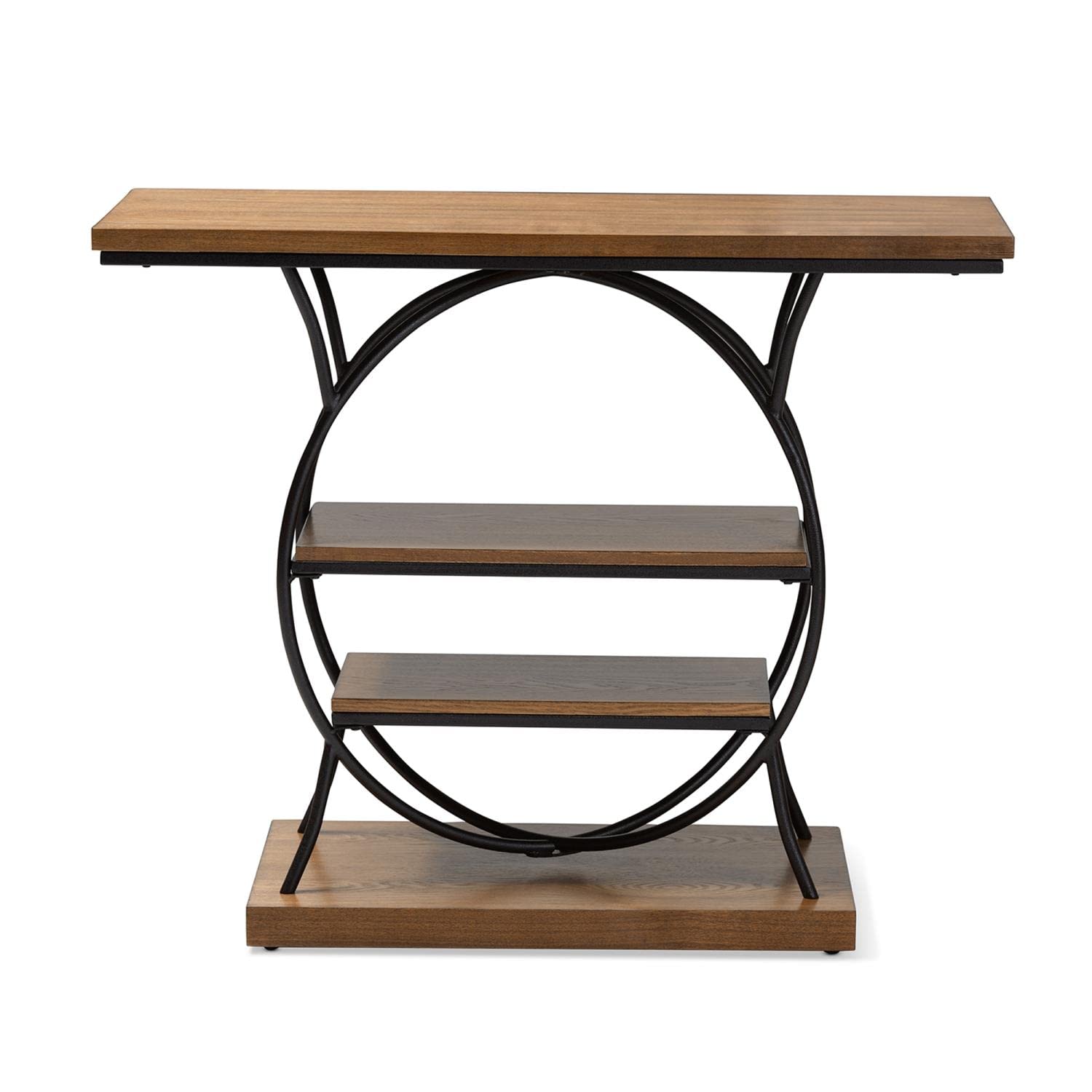 Baxton Studio Lavelle Vintage Rustic Industrial Style Walnut Brown Wood and Dark Bronze-Finished Metal Circular Console Table