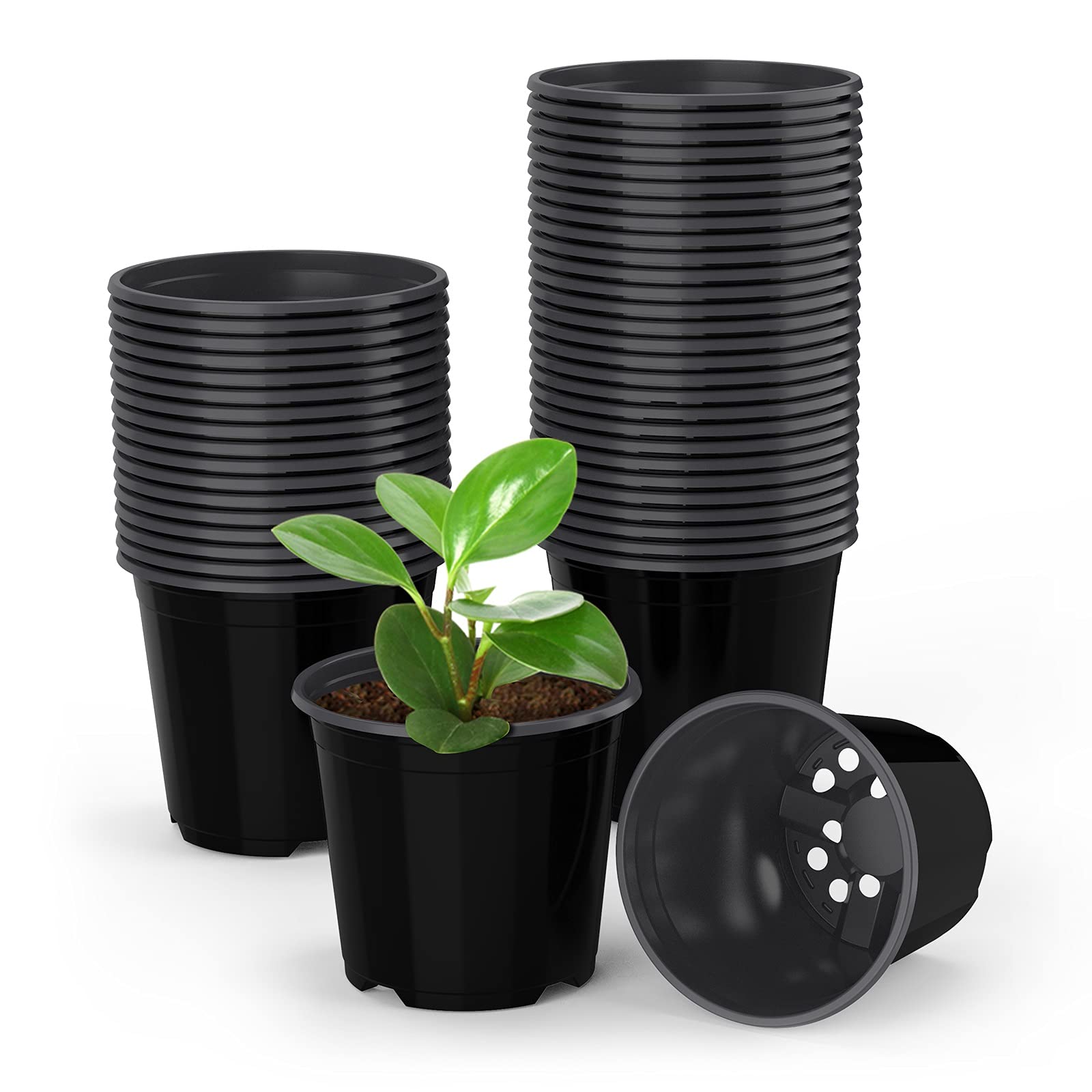Upmct 50 Pack Nursery Pots, 0.5 Gallon Black Plants Flower Pots Durable Plastic Planters Indoor Modern Decorative Seed Container