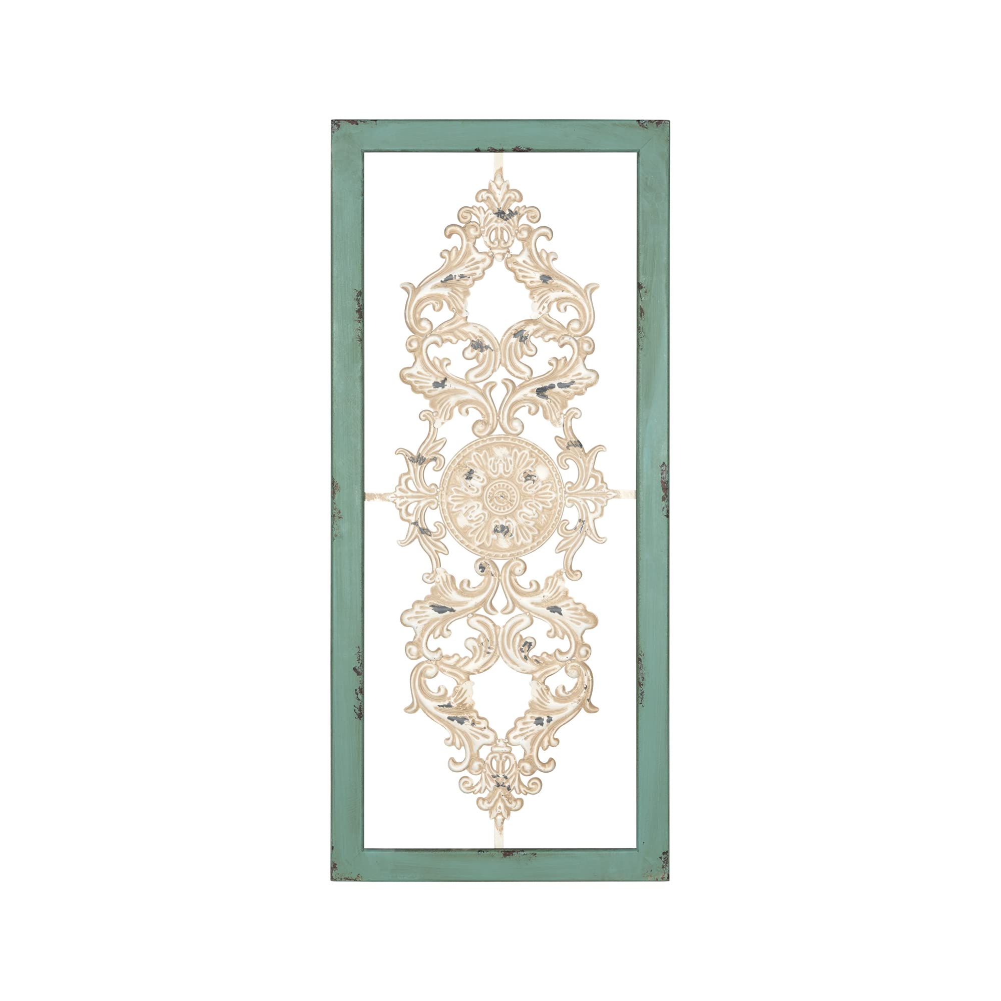 Stratton Home Decor Scroll Panel Wall Decor, Decorative Wall Panel Decor With Filigree Details For Any Room, Wrought Iron Wall Decor With Teal And White Distressed Finish, 36”X0.75”X16”