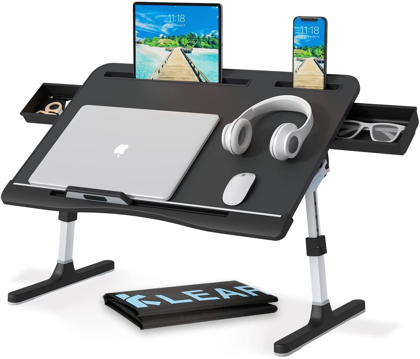 Laptop Desk For Bed, Lap Desks Trays With Double Storage Drawers, Adjustable Premium Leather Laptop Stand With Extra Drawstring