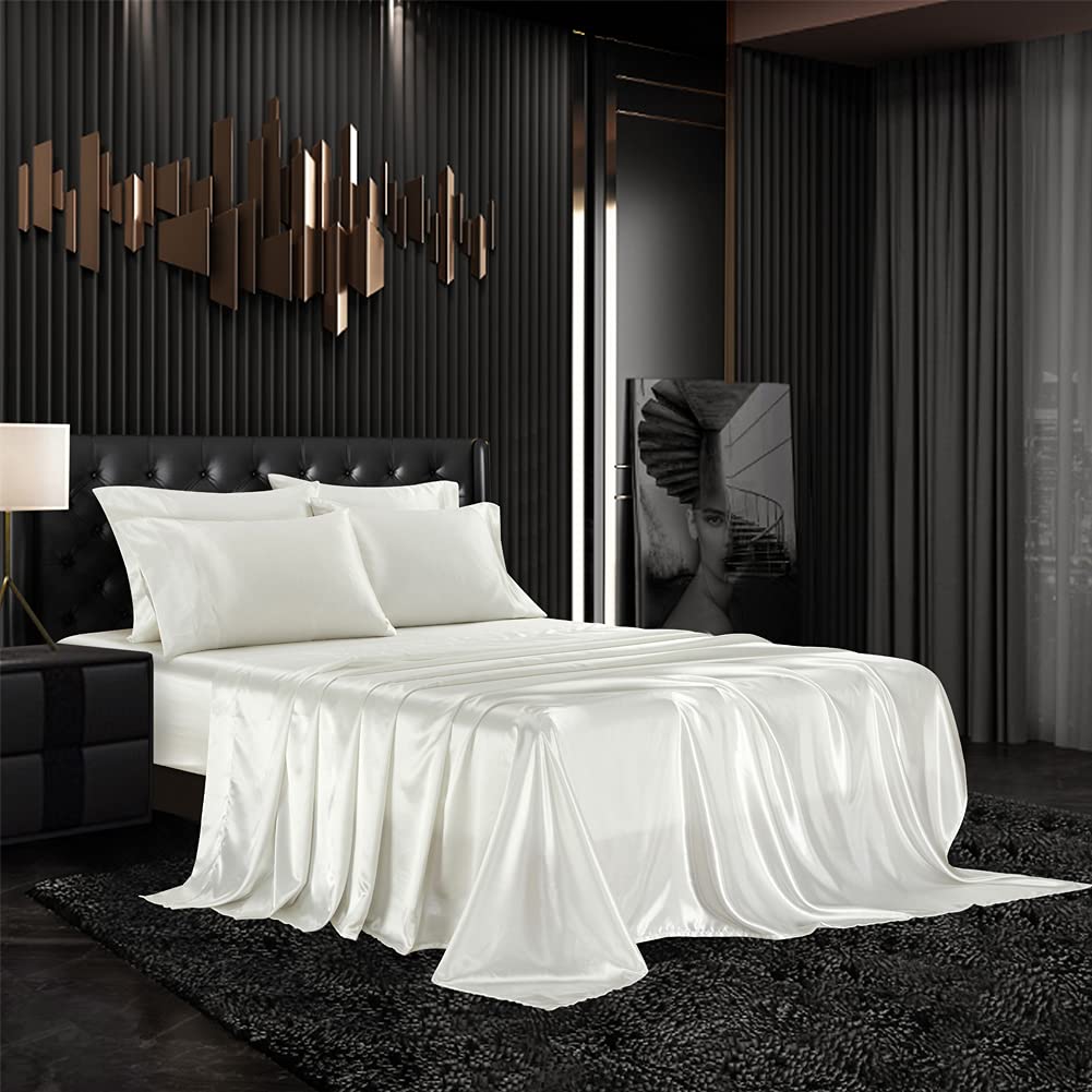 Aimay 6 Piece Satin Bed Sheet Set Deep Pocket Luxury Rich Silk Silky Super Soft Solid Color Reversible Stain-Resistant Wrinkle F