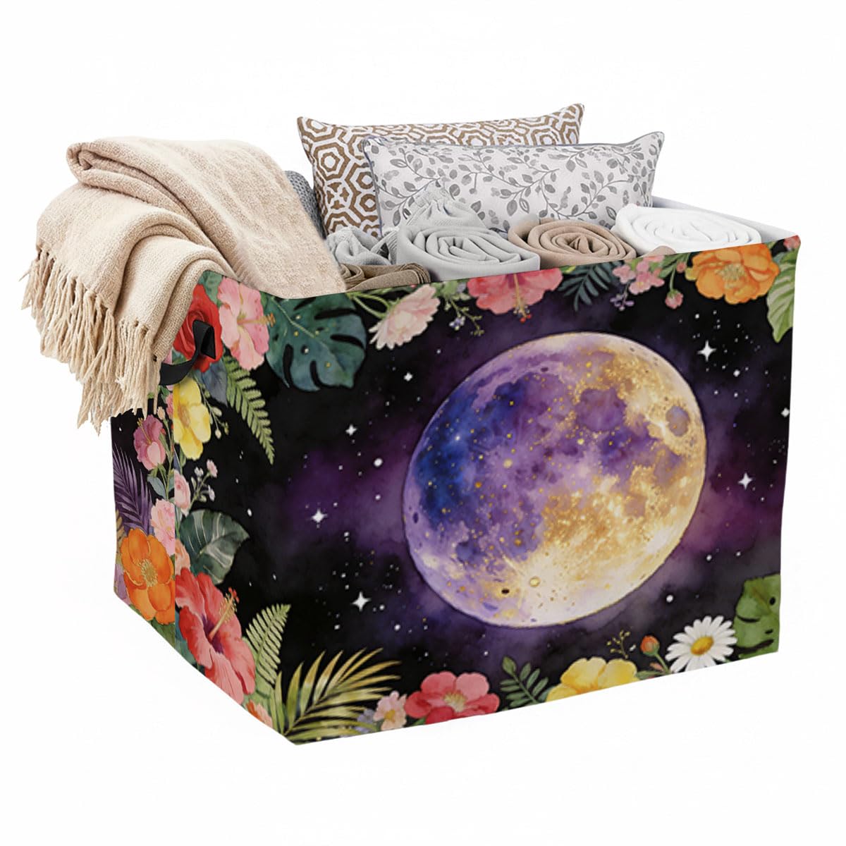 56L Moon Floral Foldable Square Laundry Hamper with Handles  Large Clothes, Blanket & Toy Storage Basket for Home Organization.