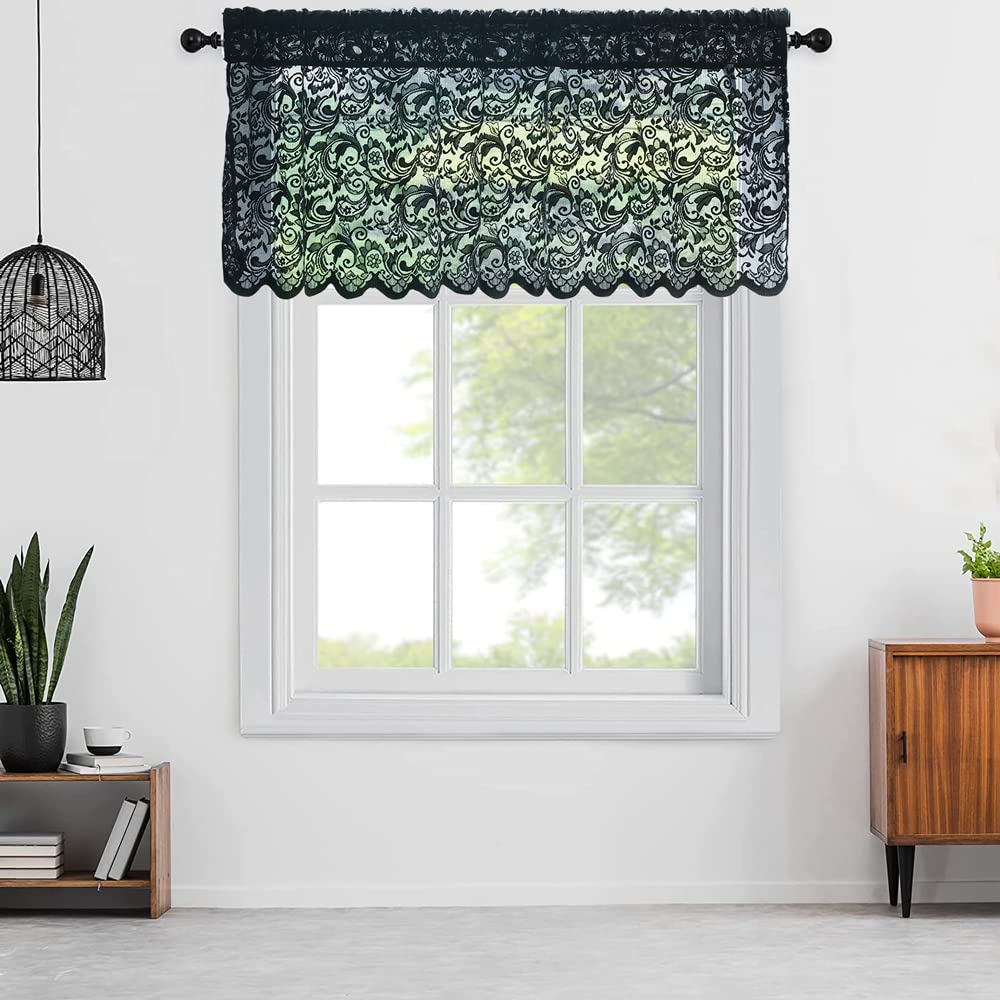 ALIGOGO Black Floral Valances for Windows Halloween Victorian Scalloped Sheer Valance Curtain for Bathroom Door Basement Windows
